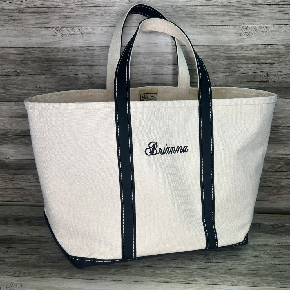 LL Bean Boat Tote Canvas Bag Black Handles Large USA Custom Emboridered Brianna